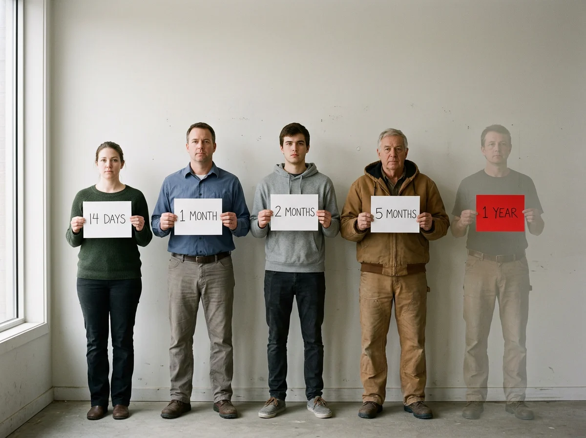 Five people holding signs that read 14 days, 1 month, 2 months, 5 months and 1 year, with the 1 year customer fading out